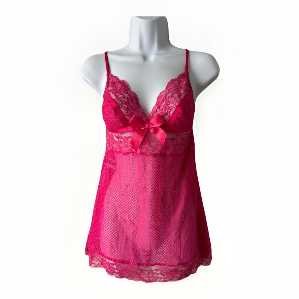 Adore Me Womens Babydoll Cami‎ S Pink Lace Bow Coquette Fairy Sheer Feminine